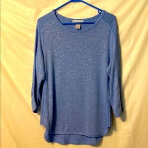Rebecca Malone Light Blue sweater with sparkles on front. 3/4 sleeves. High low